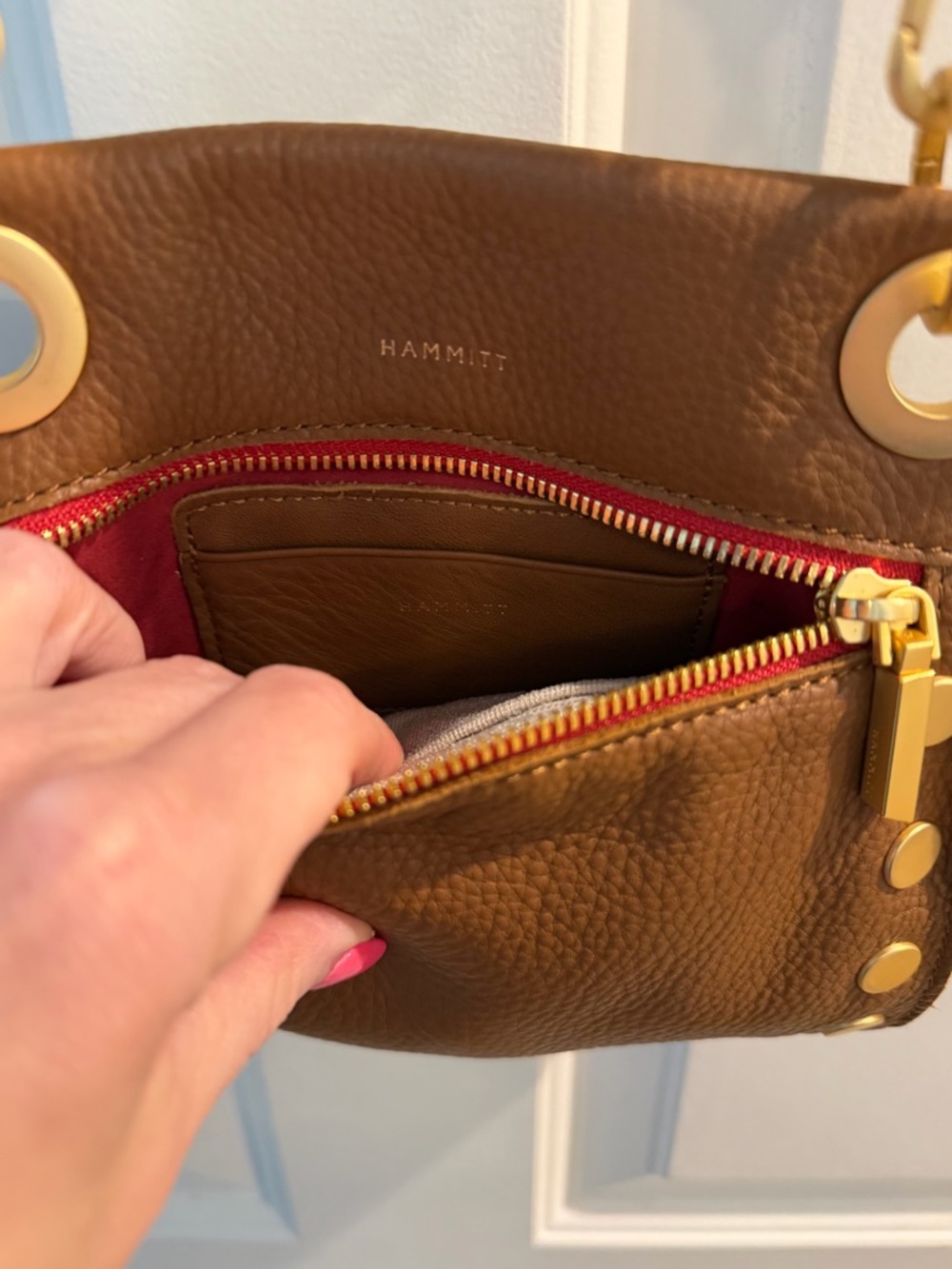 Hammitt Brown Pebbled Leather Crossbody with Red Zip and Brushed Gold hardware - Picture 6 of 10